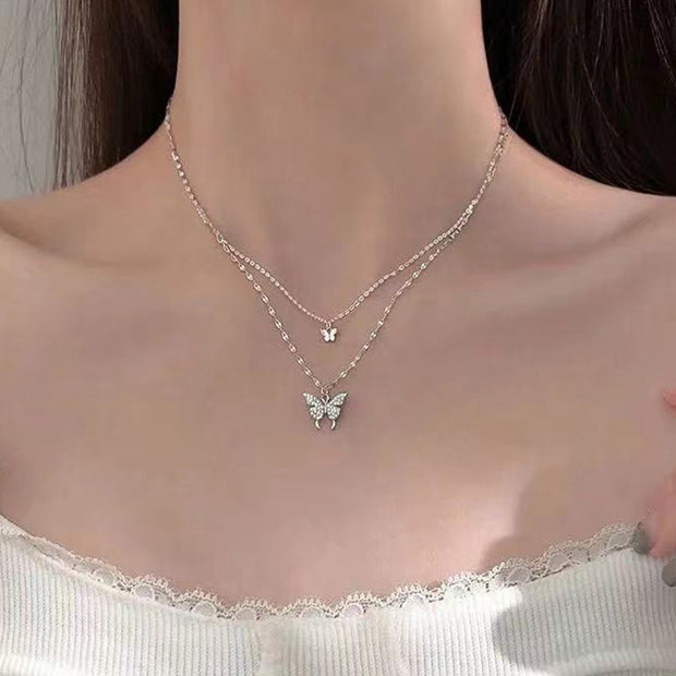 Double butterfly alloy clavicle necklace