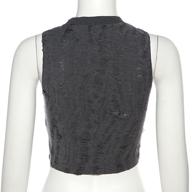 Sleeveless scrub crewneck ripped cropped top
