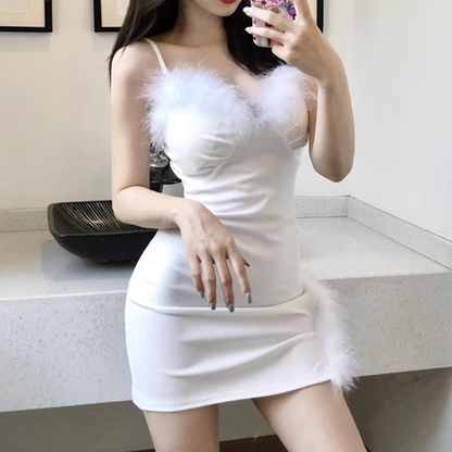 Tight Slit Fur Collar Christmas Suspender Dress
