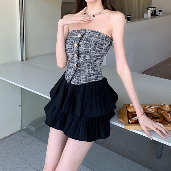 Braided Short Tube Top And Black Pleated Skirt Set