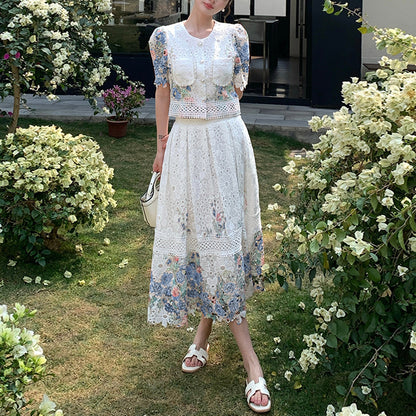 Lace Floral Puff Sleeve Skirt Set