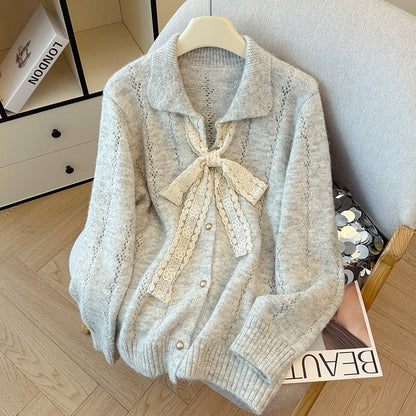 Hollow Lace Bow Knitted Cardigan