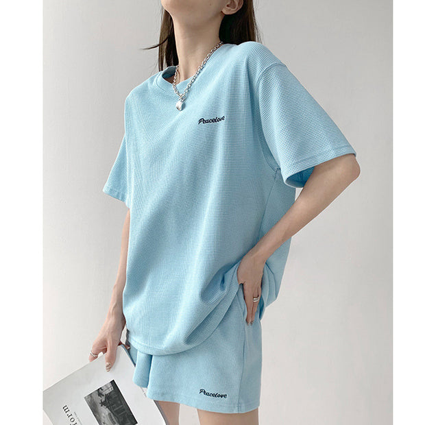 Loose waffle t-shirt elastic wide leg shorts set