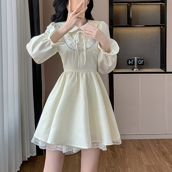 Sweet And Elegant Shirt Collar Waist Long Sleeve Dress