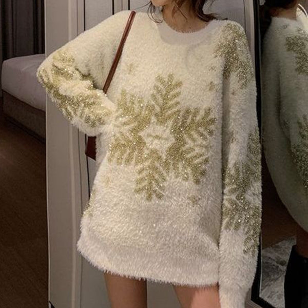 Snowflake long sleeve crew neck christmas sweater