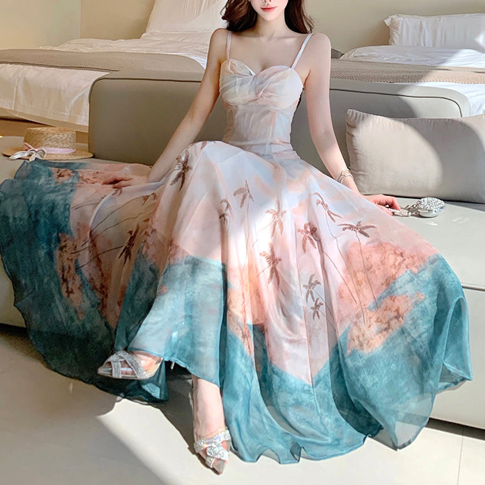 French-Style Tie-Dye Vacation Print Spaghetti Strap Dress