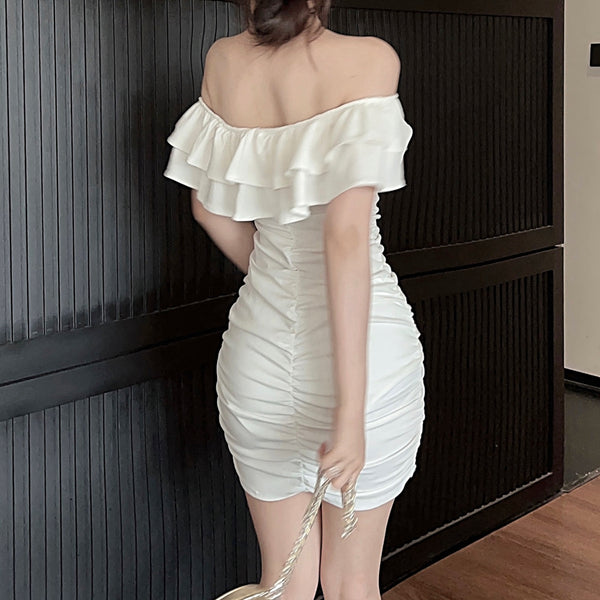 Off-The-Shoulder Double-Layer Ruffled Pleated Dress