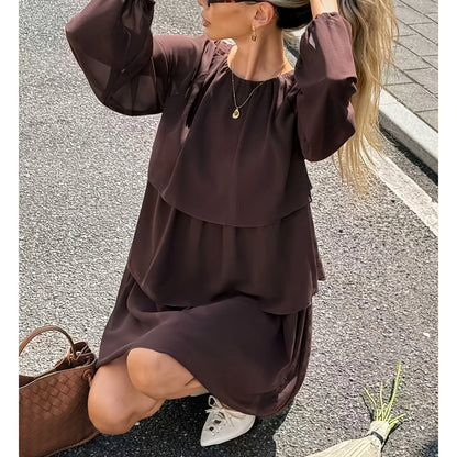 Round Neck Ruffled Long Sleeve Dress