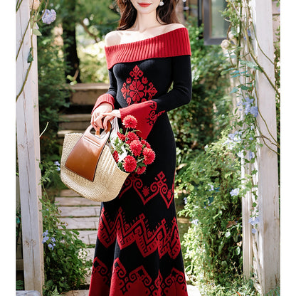 Off-The-Shoulder Vintage-Style Knit Dress