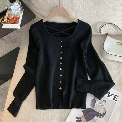 Single-Breasted Metal Button Pullover Long-Sleeved Knit Sweater