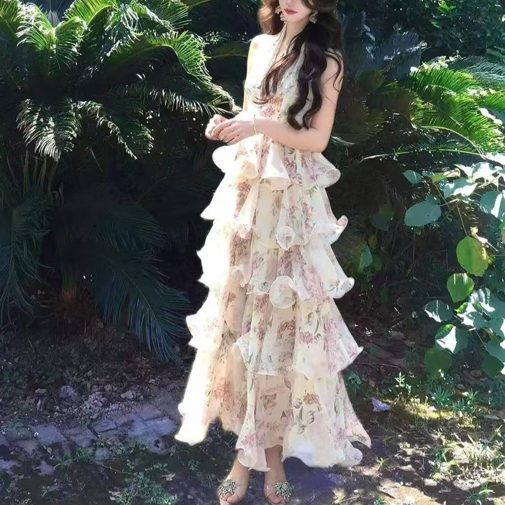 Chiffon Floral Halter Neck Vacation Dress