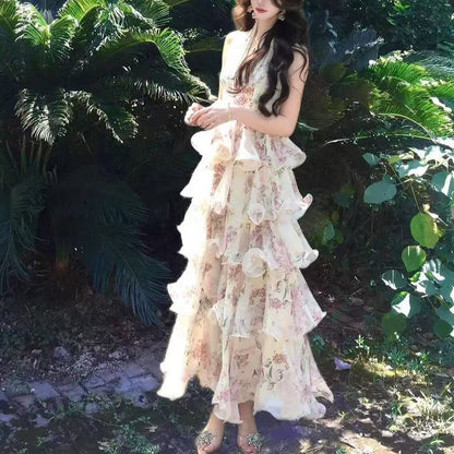 Chiffon Floral Halter Neck Vacation Dress