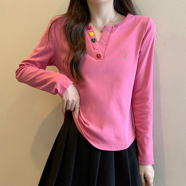 Solid Color Half Open Collar Long Sleeve T-Shirt Top