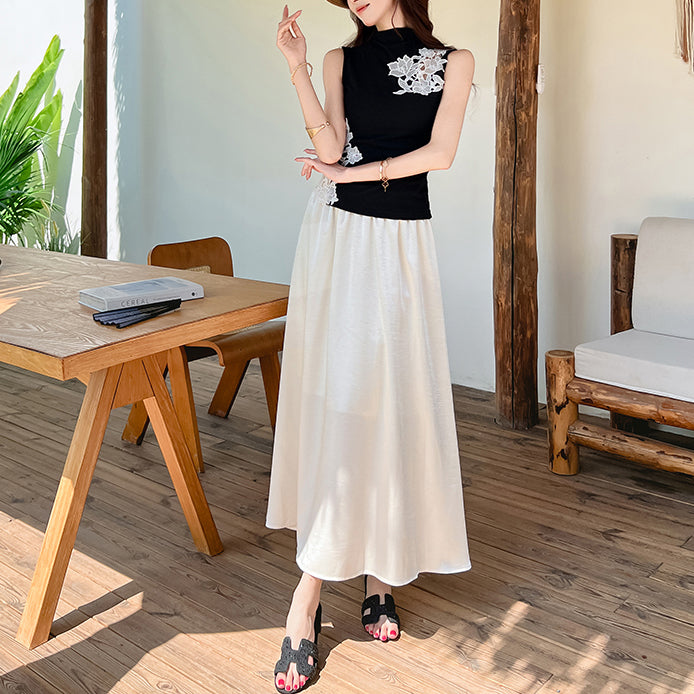 Sleeveless Knitted Lace-Trimmed Top And High-Waisted Skirt Two-Piece Set