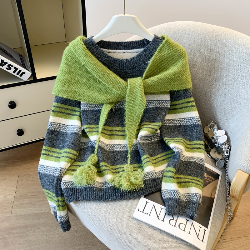 Stylish Striped Loose Knit Pullover (Shawl Included)