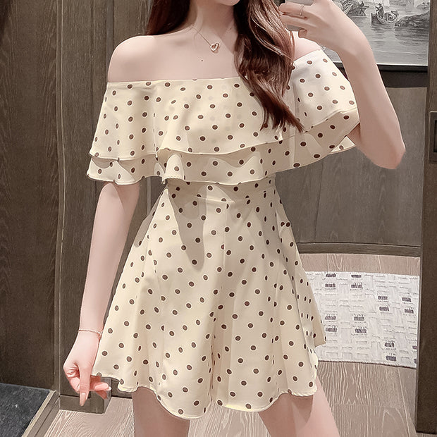 Ruffled polka dot waist slim jumpsuit shorts