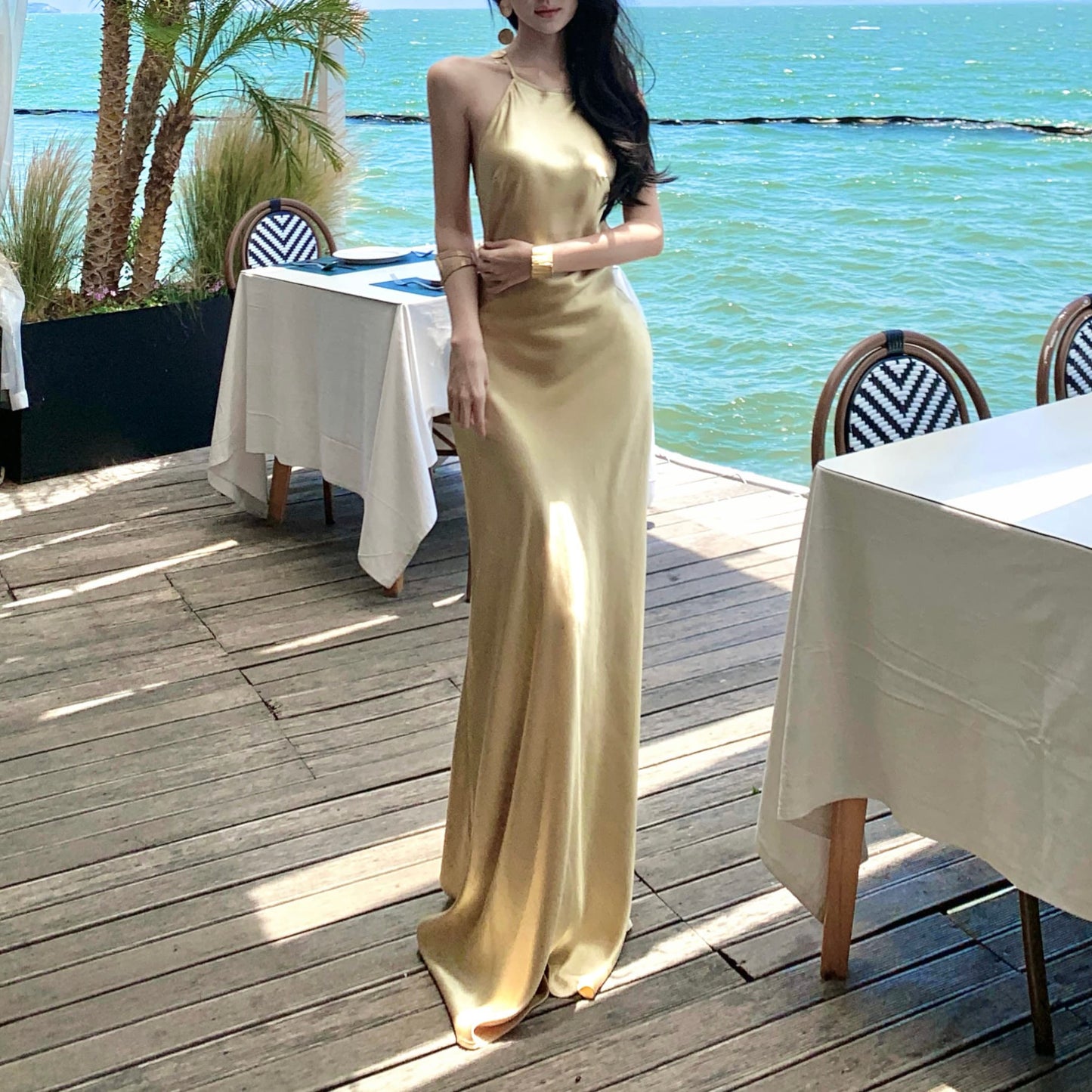 French-Style Heavy-Duty Rhinestone-Studded Acetate Halter Neck Dress