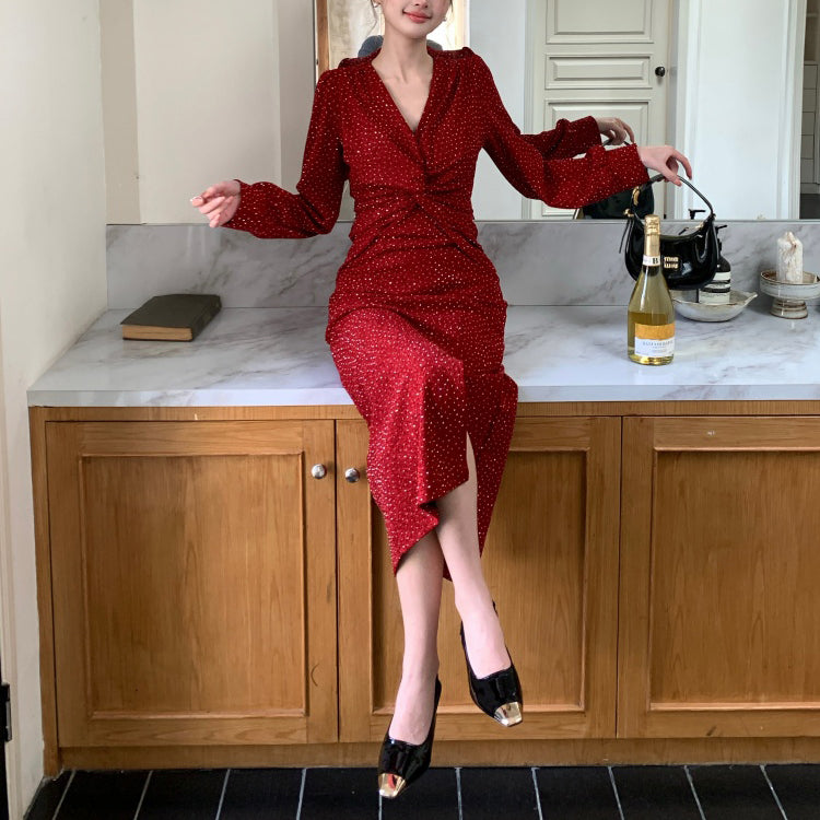 French V-Neck Rhinestone Dress