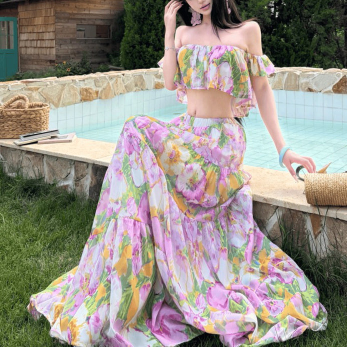 Oil Painting Floral Puff Sleeve Short-Sleeved Top And Skirt Set