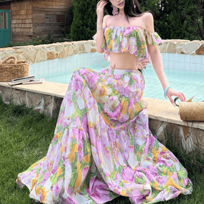 Oil Painting Floral Puff Sleeve Short-Sleeved Top And Skirt Set