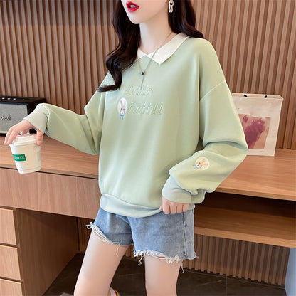Loose-Fitting Op Collar Patchwork Plus Size Long-Sleeved Sweatshirt