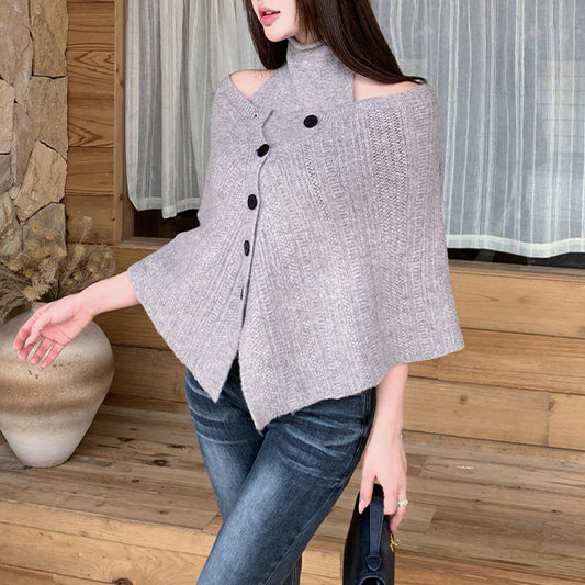 Vintage-Style Asymmetric Side-Button Off-Shoulder Knit Cardigan