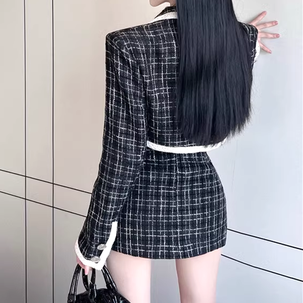 Plaid Long Sleeve Short Jacket Slit Belt Skirt Set