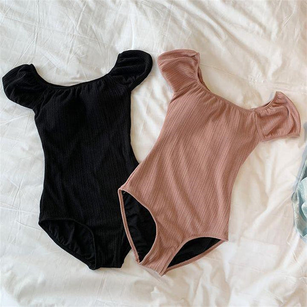 Off-shoulder puff sleeve one-piece swimsuit