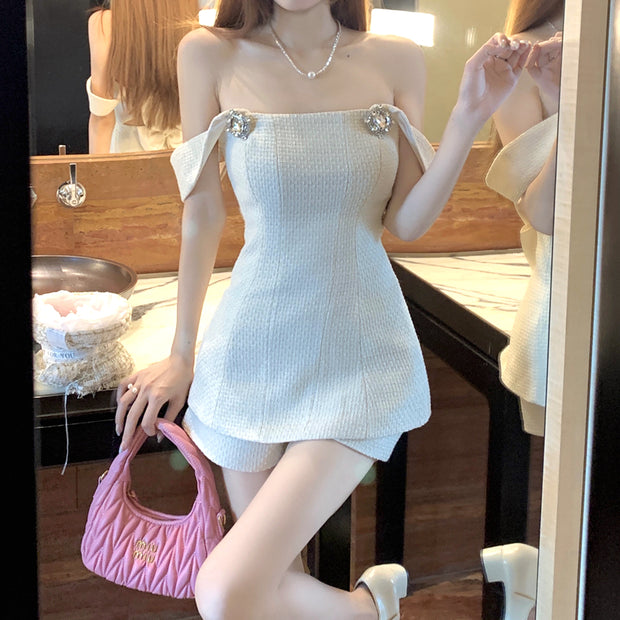 Nail drill hollow bow top high waist shorts set