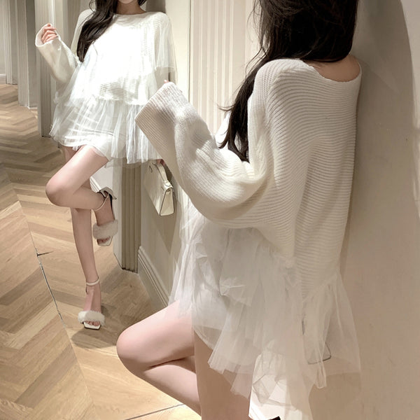 Mesh Patchwork Knitted Top Long-Sleeved Sweater