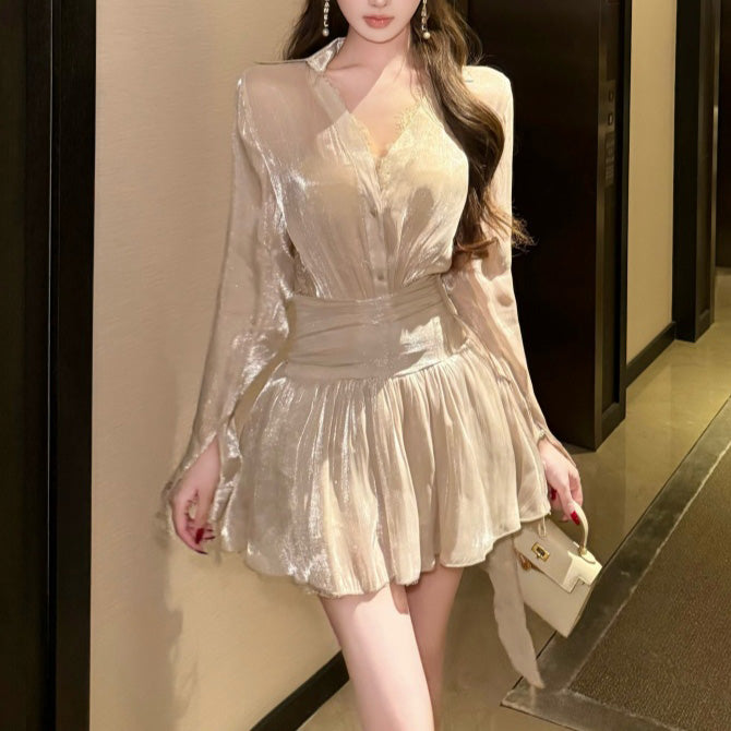 Two-Piece Set of Shimmering Satin Lace-Sleeved Shirt and Skirt