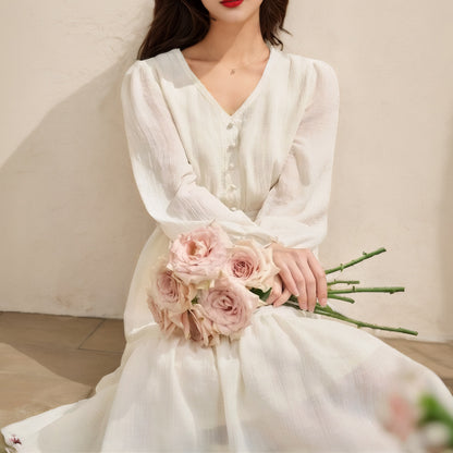 Lace Long-Sleeved V-Neck Fitted White Dress