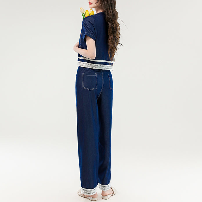 Fashionable Lace-Trimmed Tencel Denim Suit