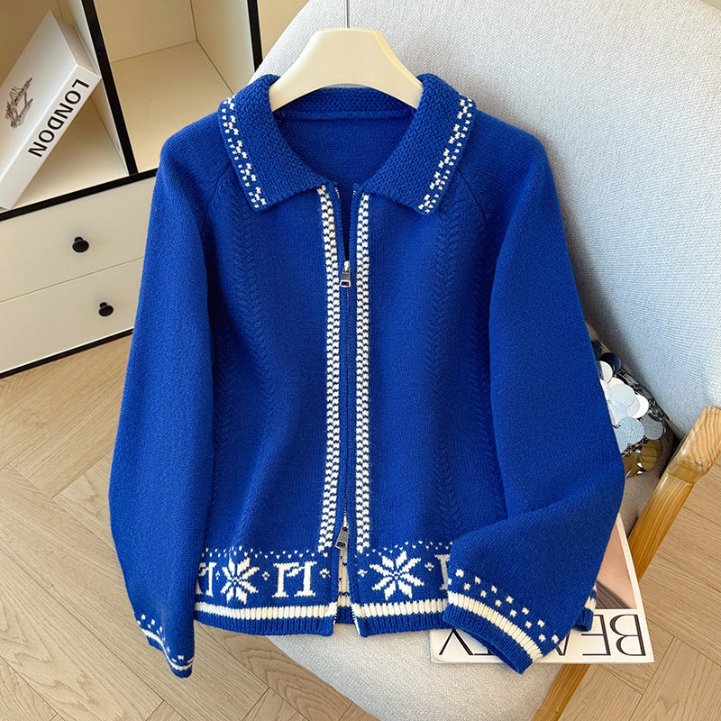 Snowflake Jacquard Colorblock Crew Neck Knit Cardigan