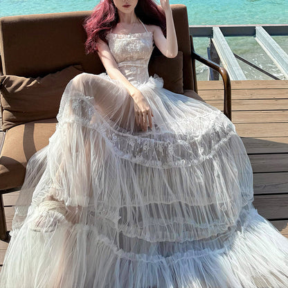 Vacation Lace Mesh Halter Neck Backless Dress