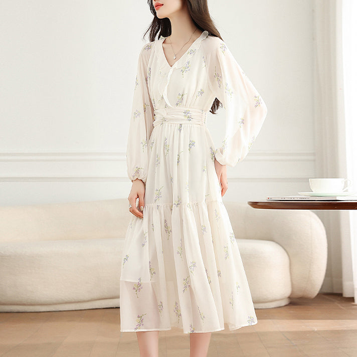 French-Style White Floral Dress