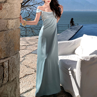 Heavy-Embellished Sequin & Satin Evening Gown