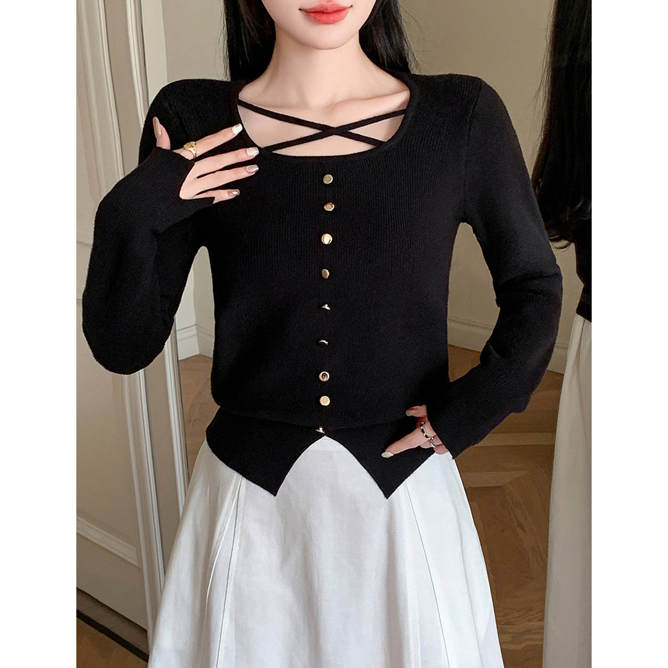 Single-Breasted Metal Button Pullover Long-Sleeved Knit Sweater