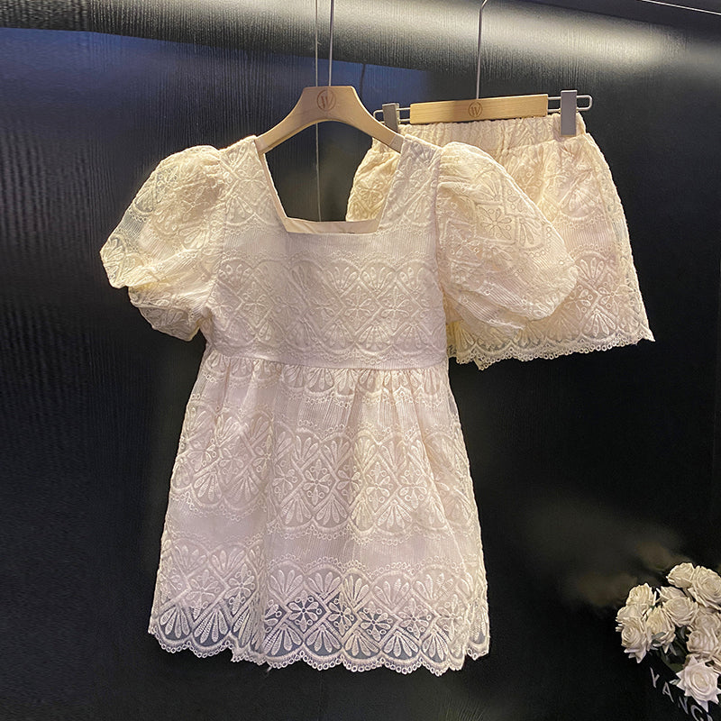 Lace Short-Sleeved Top And Shorts Two-Piece Set