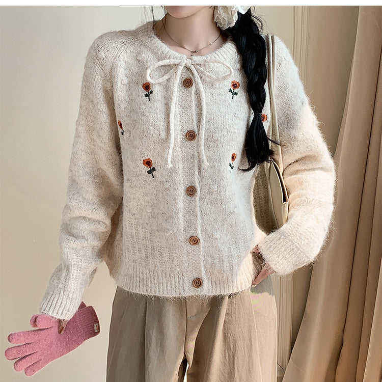 Embroidered 3D Flower Knit Sweater Jacket