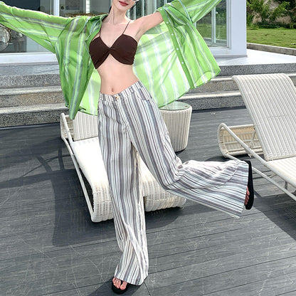 Brown Bikini Striped Wide-Leg Pants Suit