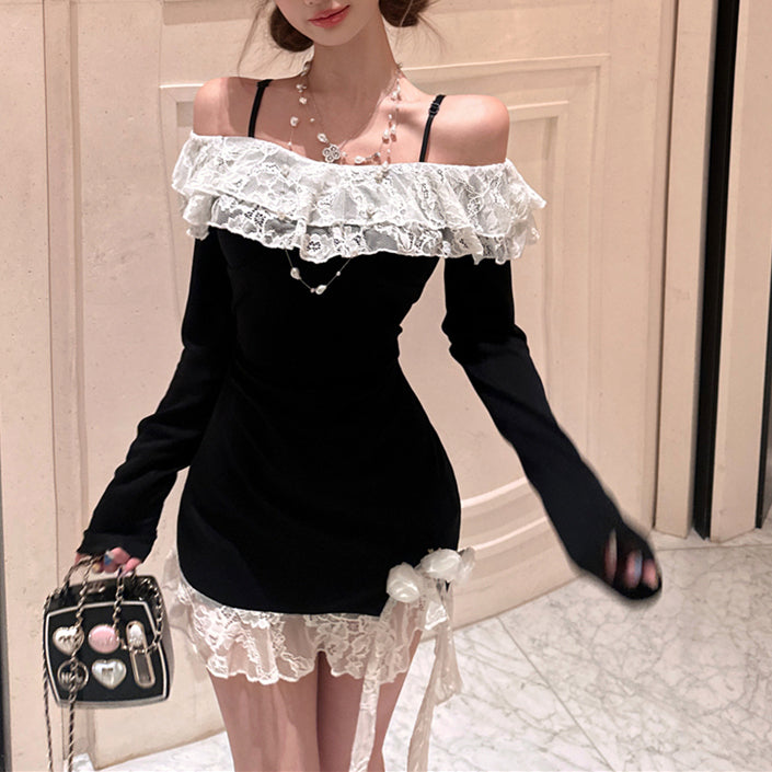 Sexy And Stylish Off-The-Shoulder Long-Sleeved Lace-Trimmed Bodycon Dress
