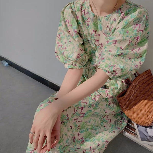 Retro Puff Sleeve Floral Dress