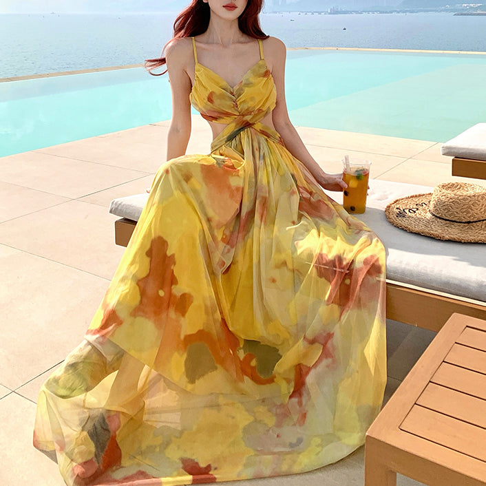 Mesh Tie-Dye Vacation Style Backless Sundress