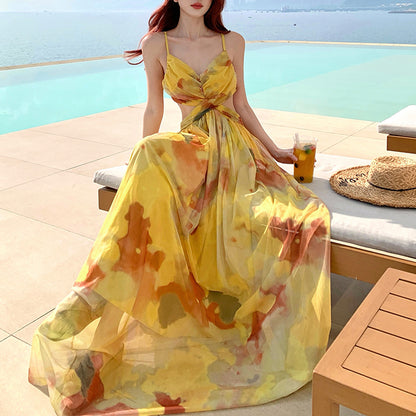 Mesh Tie-Dye Vacation Style Backless Sundress