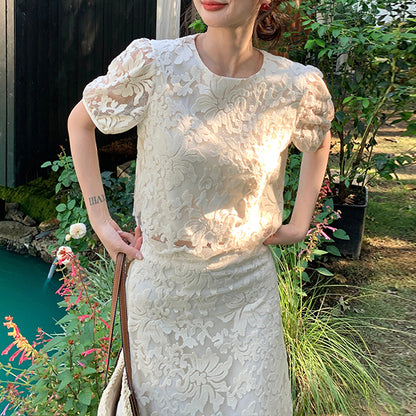Heavy Embroidered Lace Top And Skirt Two-Piece Set