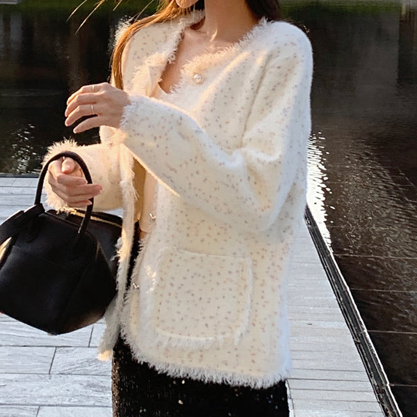 Long-Sleeved Single-Breasted Faux Mink Lace Coat