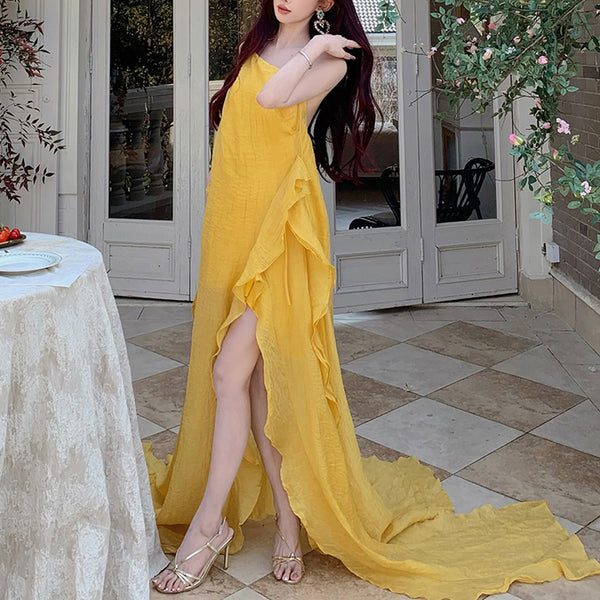 Yellow Sexy Backless Halter Dress