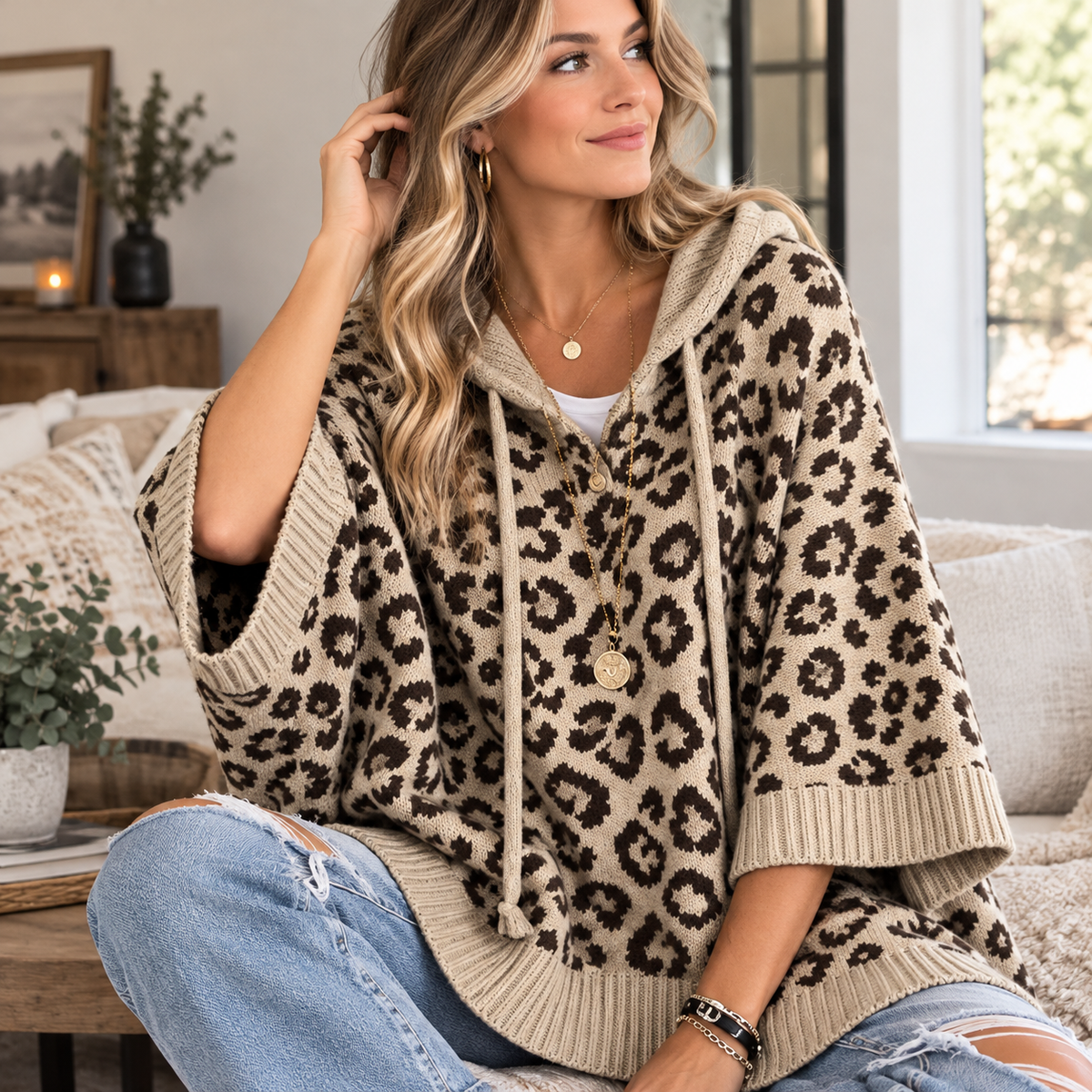 Leopard Print Hooded Drawstring Knit Pullover Sweater