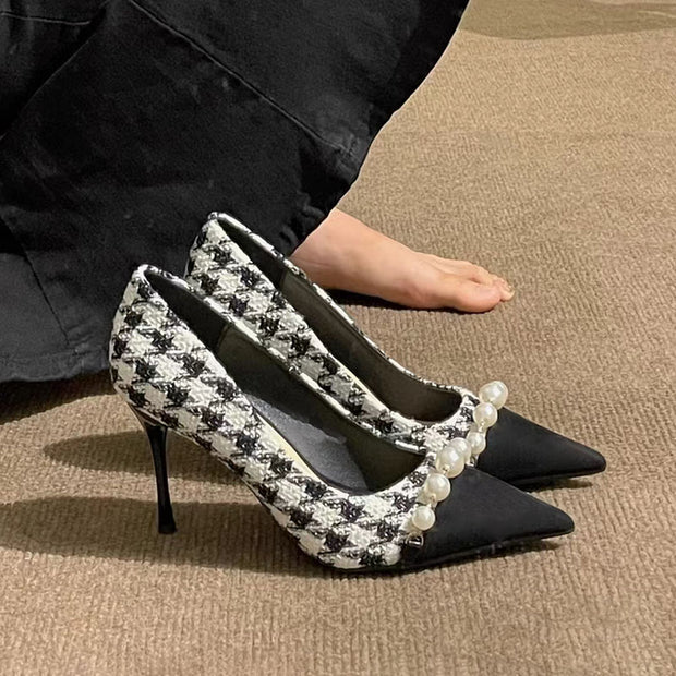 Small high-heeled niche houndstooth stiletto shoes